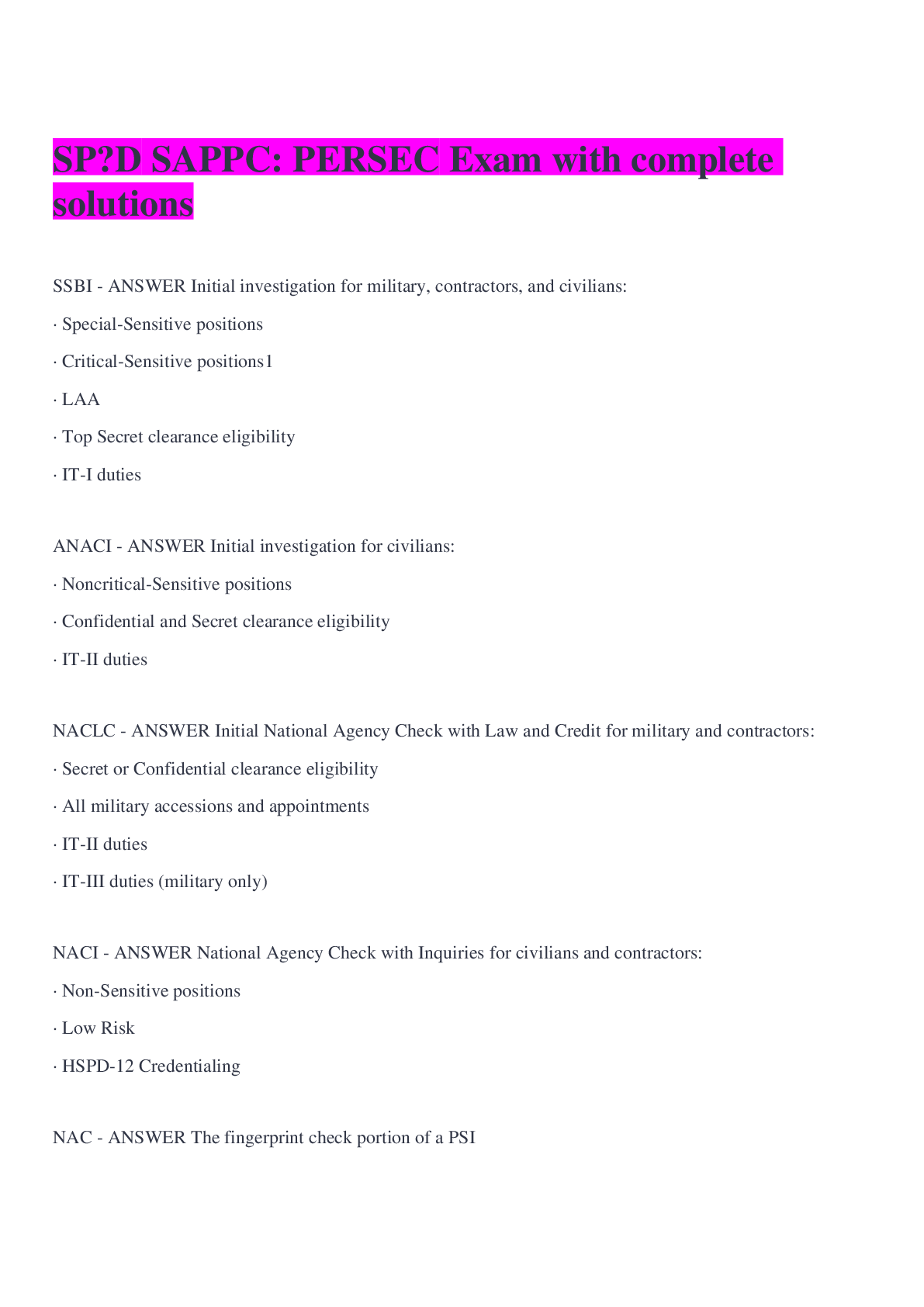Preview image for SPēD SAPPC: PERSEC Exam with complete solutions